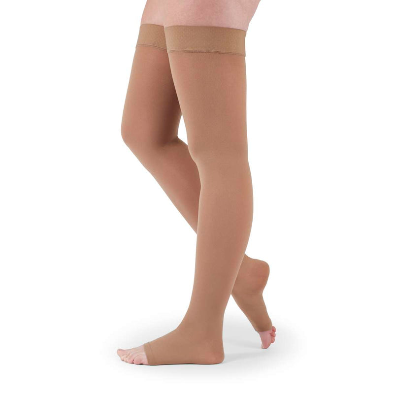 medi assure 20-30 mmHg Thigh High w/Beaded Silicone Topband Open Toe Compression Stockings (Small), Beige, Petite