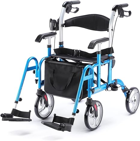 2 in 1 Rollator Walker with Footrest - Transport Walker Chair with 10 inch Wheels