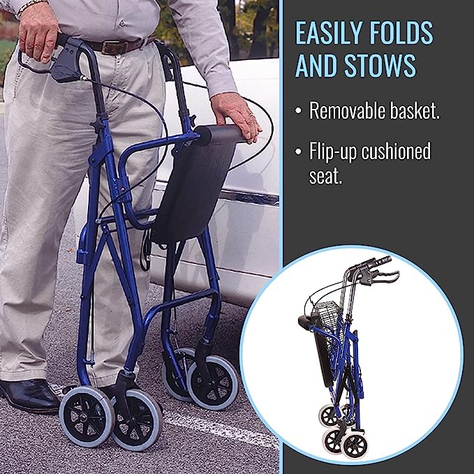 Ultra Lightweight Folding Aluminum Hemi Rollator with Padded Seat, Basket & Adjustable Handle Height - 300 pound Weight Capacity