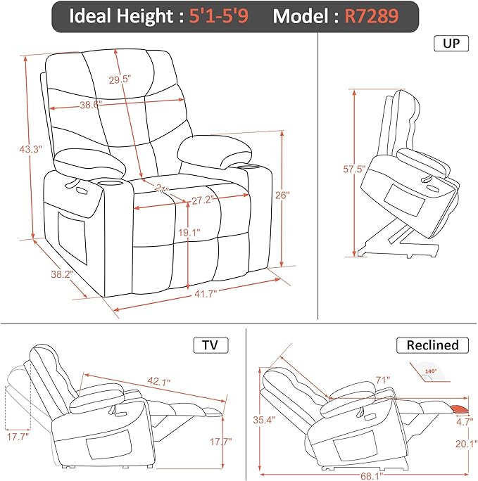 Power Lift Recliner Chair with Extended Footrest for Big Elderly People, Fabric R7289 (Dark Gray, Wide)