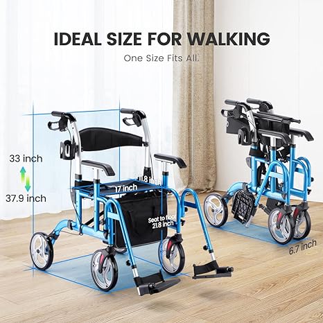 2 in 1 Rollator Walker with Footrest - Transport Walker Chair with 10 inch Wheels