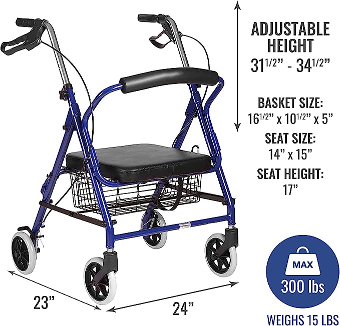 Ultra Lightweight Folding Aluminum Hemi Rollator with Padded Seat, Basket & Adjustable Handle Height - 300 pound Weight Capacity