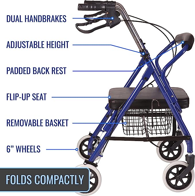 Ultra Lightweight Folding Aluminum Hemi Rollator with Padded Seat, Basket & Adjustable Handle Height - 300 pound Weight Capacity