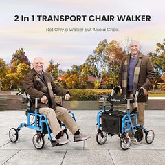 2 in 1 Rollator Walker with Footrest - Transport Walker Chair with 10 inch Wheels