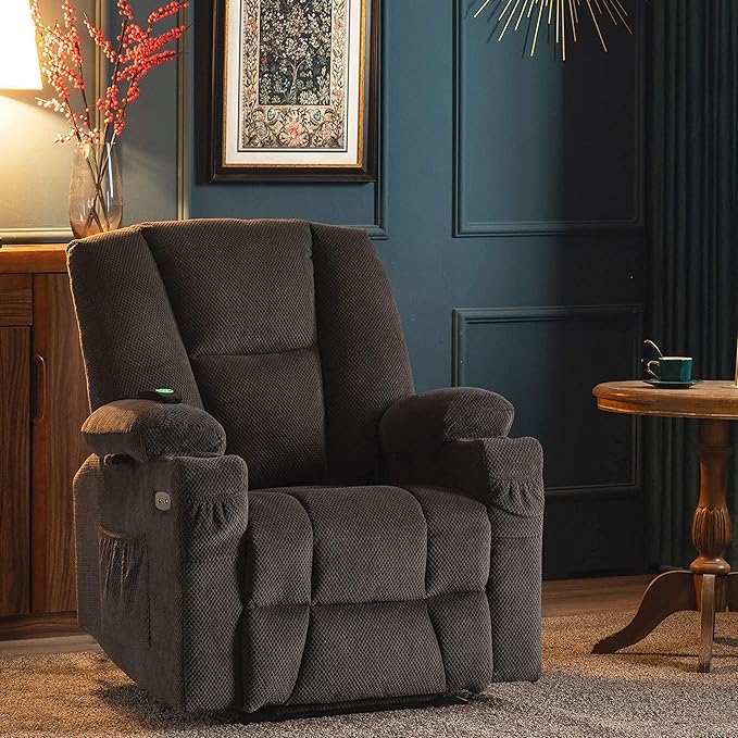 Fabric Electric Power Recliner Chair with Heat and Massage, Cup Holders, USB Charge Ports, Extended Footrest,