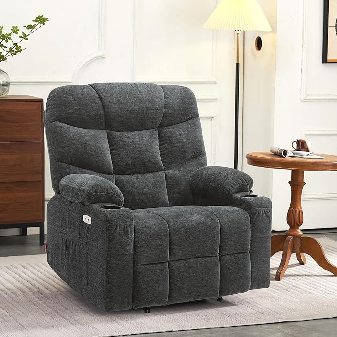 Power Lift Recliner Chair with Extended Footrest for Big Elderly People, Fabric R7289 (Dark Gray, Wide)