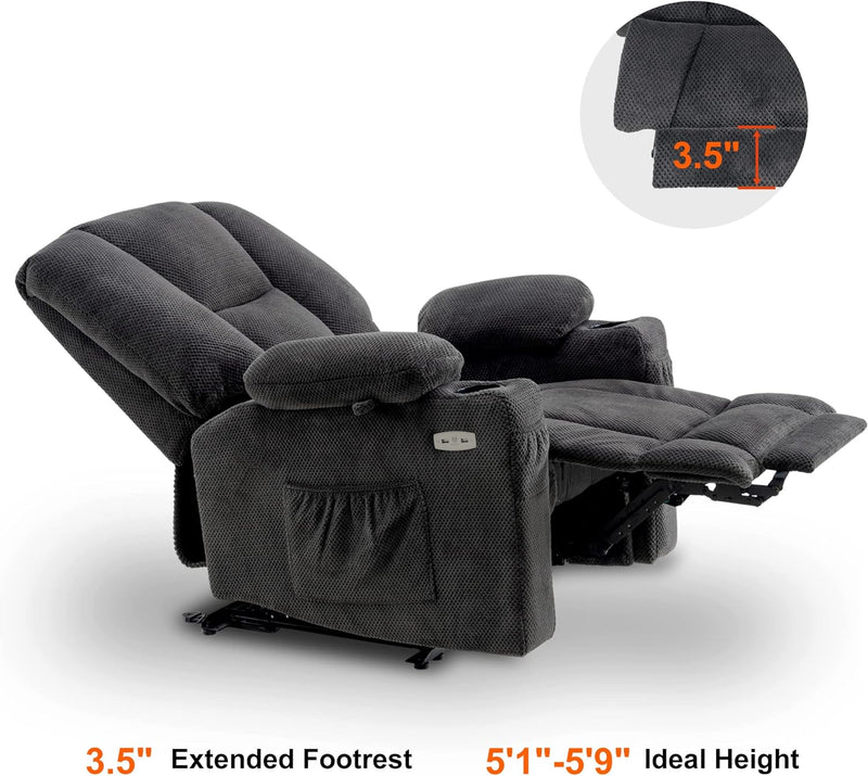 Fabric Electric Power Recliner Chair with Heat and Massage, Cup Holders, USB Charge Ports, Extended Footrest,