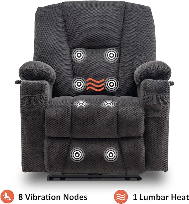 Fabric Electric Power Recliner Chair with Heat and Massage, Cup Holders, USB Charge Ports, Extended Footrest,