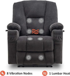 Fabric Electric Power Recliner Chair with Heat and Massage, Cup Holders, USB Charge Ports, Extended Footrest,