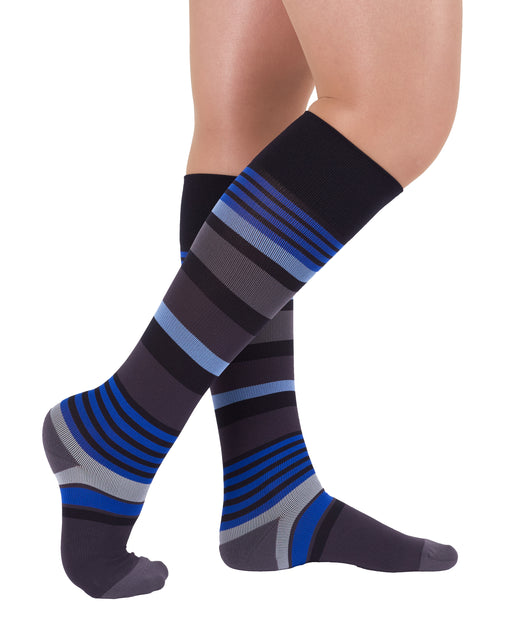 Rejuva Motley Stripe 15-20 mmHg Compression Socks Black/Blue Size S