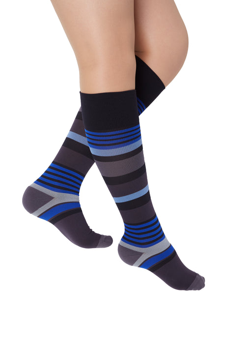 Rejuva Motley Stripe 20-30 mmHg Compression Socks Black/Blue Size S