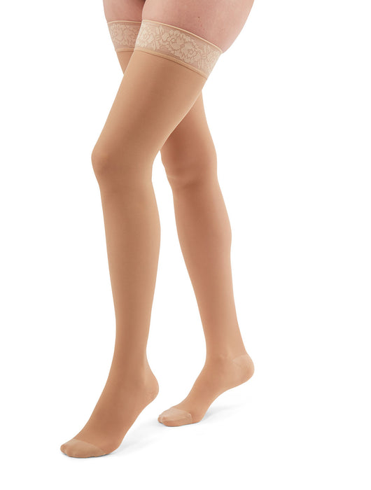 duomed transparent 15-20 mmHg Thigh High w/Lace Silicone Topband Closed Toe Compression Stockings, Nude, Small-Petite