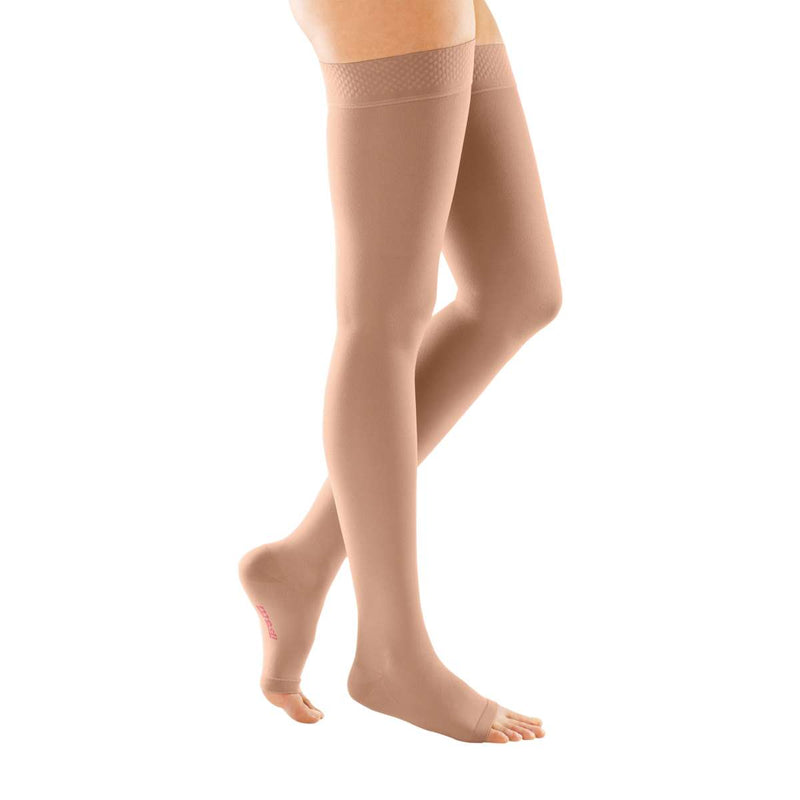 mediven forte 30-40 mmHg Thigh High w/Beaded Silicone Topband Open Toe Compression Stockings, Caramel, III-Standard