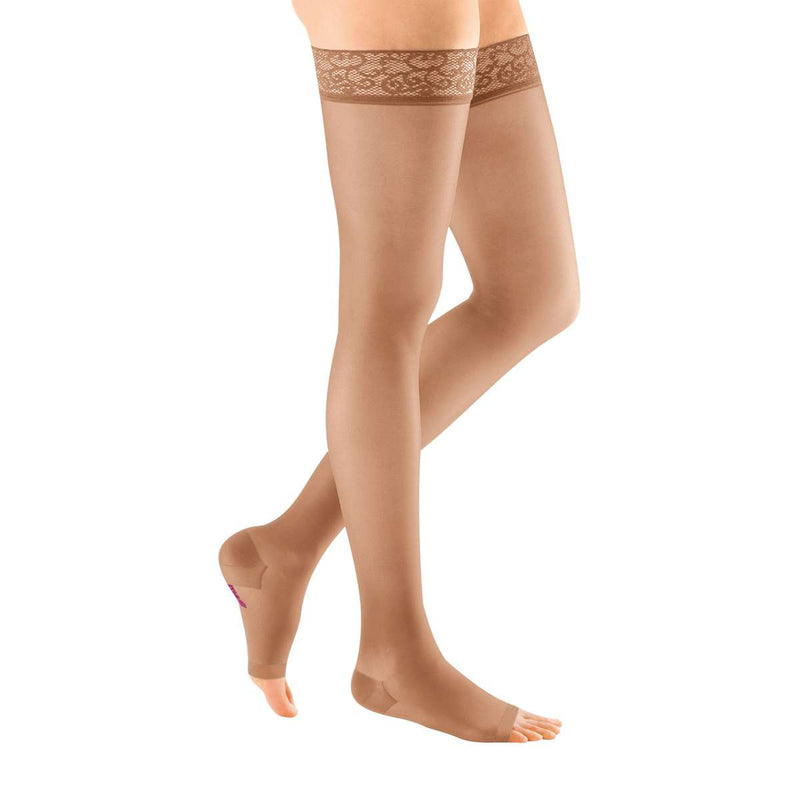 mediven sheer & soft 15-20 mmHg Thigh High w/Lace Silicone Topband Open Toe Compression Stockings, Natural, I-Standard